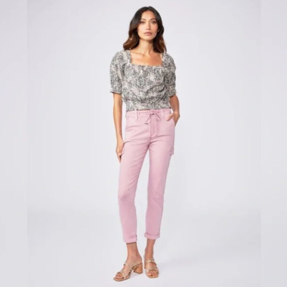 PAIGE Christy Vintage Garden Rose Pink Denim High Rise Cargo Jeans Sz 30 NWT